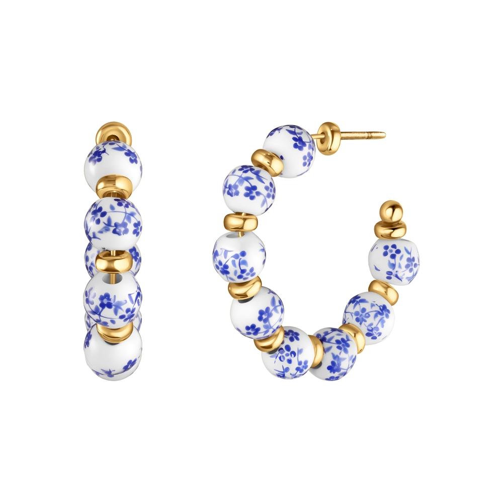 Elegant Gold and Blue Floral Hoop Earrings